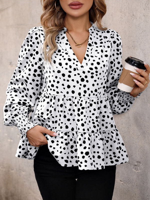 Elasticity Polka-Dot Split-Joint Long Sleeves Loose V-Neck Blouses&Shirts Tops