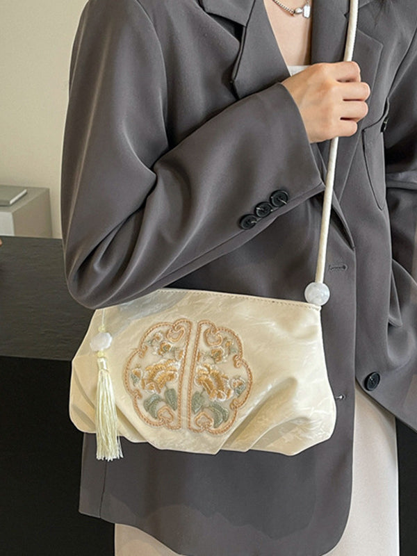 Embroidered Pleated Tasseled Zipper Crossbody Bags