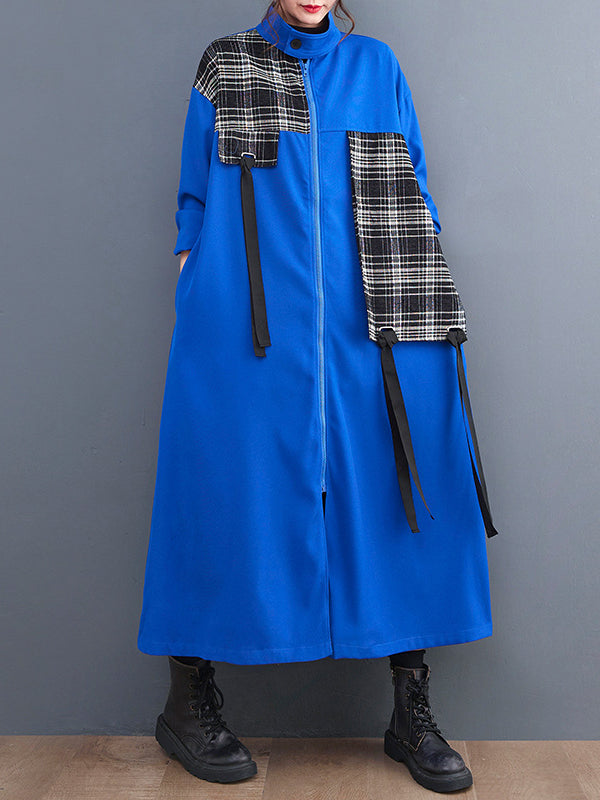 Original Long Sleeves Loose Contrast Color Plaid Split-Joint Zipper Stand Collar Outerwear