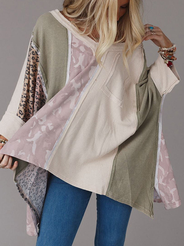 Asymmetric Leopard Split-Joint Split-Side Long Sleeves Loose One-Shoulder Sweatshirt Tops