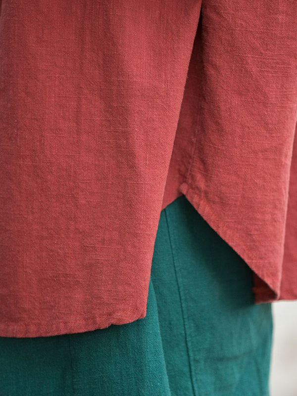 Chinese Frog Buttons Pleated Solid Color Split-Joint Batwing Sleeves Loose Stand Collar Blouses