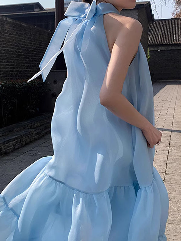 Solid Color Loose Sleeveless Halter-Neck Midi Dresses