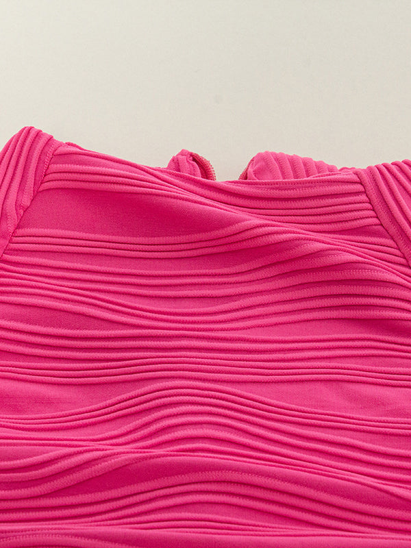 Pleated Solid Color Split-Joint Bodycon Long Sleeves Round-Neck Mini Dresses