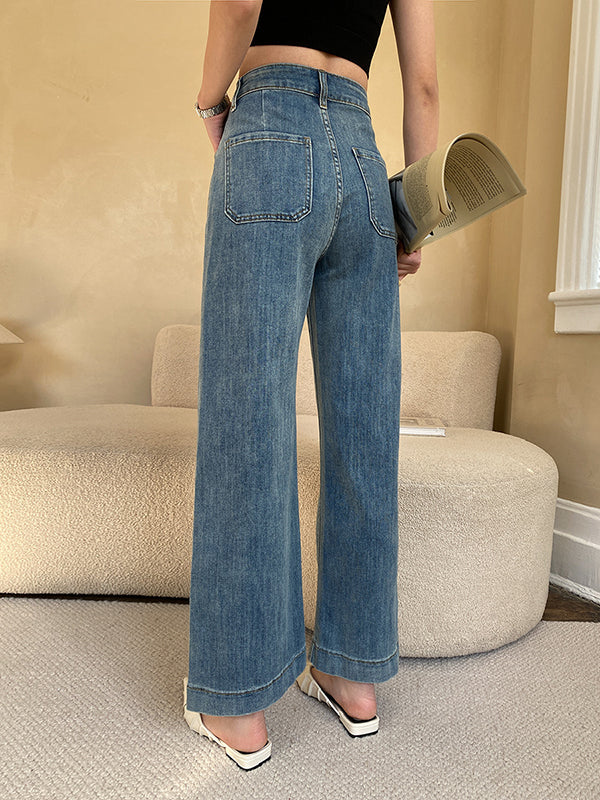 Casual High Waisted Wide Leg Solid Color Jean Pants Bottoms
