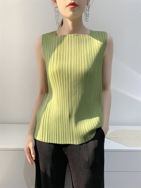 Pleated Solid Color Split-Joint Loose Sleeveless Square-Neck Vest Top