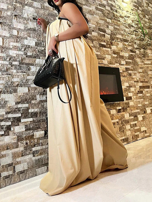 Belted Pleated Pockets Solid Color Loose Sleeveless Tube Jumpsuits