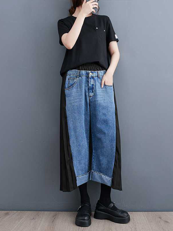 Elasticity Pleated Split-Joint High Waisted Loose Jean Pants Bottoms