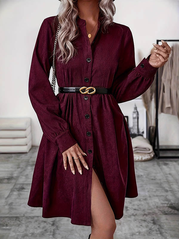 Belted Buttoned Pleated Solid Color Split-Joint A-Line Elasticated Waist Stand Collar Shirt Dress Midi Dresses