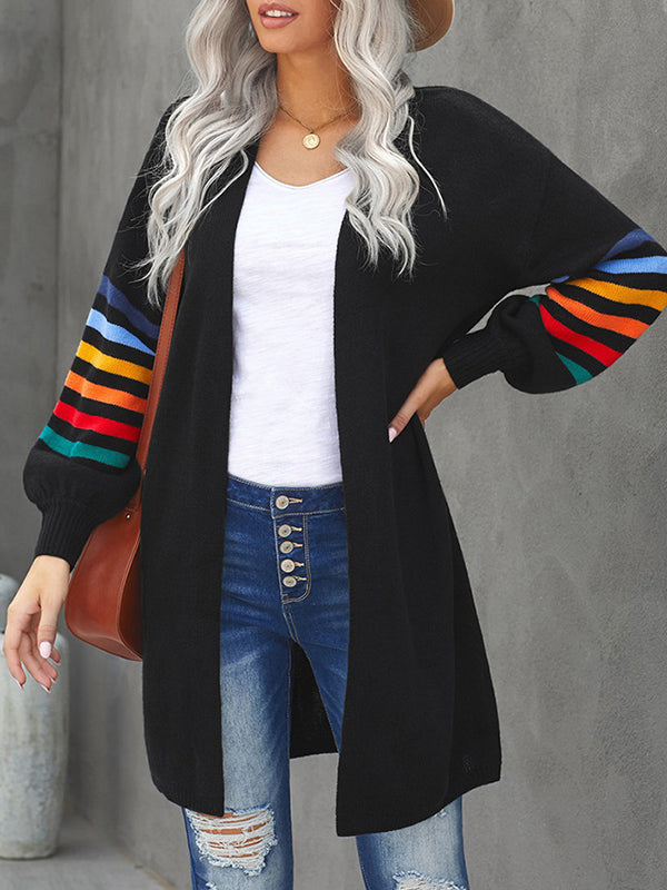 Colorful Contrast Color Striped Long Sleeves Loose Collarless Cardigan Tops