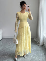 Asymmetric Flower Print Layered See-Through Solid Color Split-Joint A-Line Irregularity Round-Neck Maxi Dresses