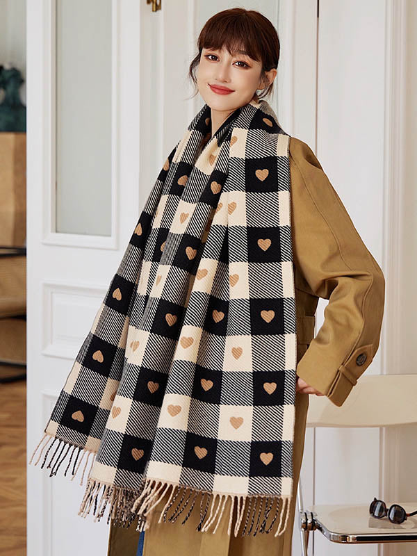 Casual Contrast Color Heart Plaid Jacquard Shawl&Scarf