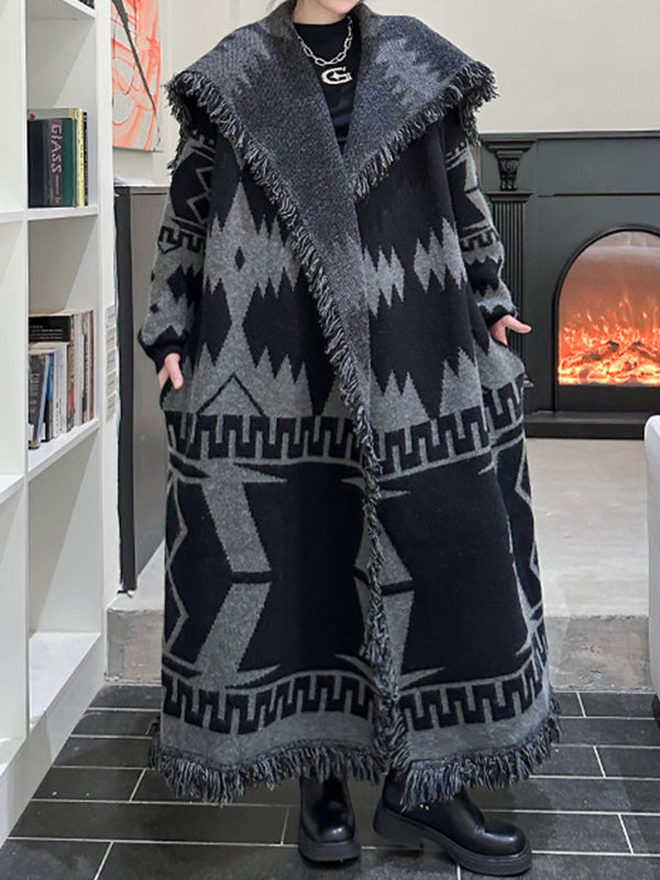 Contrast Color Tasseled Long Sleeves Loose Lapel Cardigan Coats