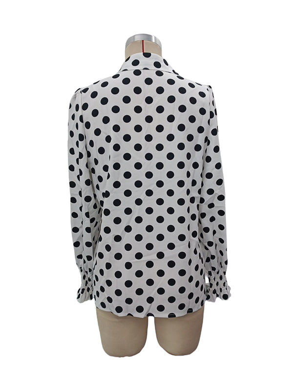 Buttoned Elasticity Polka-Dot Split-Joint Long Sleeves Loose Lapel Blouses&Shirts Tops