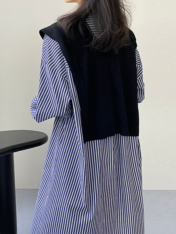 Striped Long Sleeves Loose Round-Neck Shirt Dress Midi Dresses