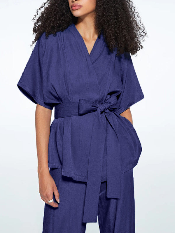 Solid Color Tied Waist Loose Short Sleeves V-Neck Blouses&Shirts Tops