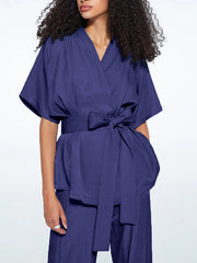 Solid Color Tied Waist Loose Short Sleeves V-Neck Blouses&Shirts Tops