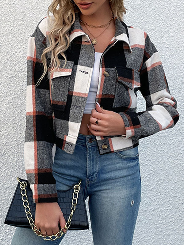 Buttoned Plaid Pockets Split-Joint Long Sleeves Loose Lapel Outerwear Jackets
