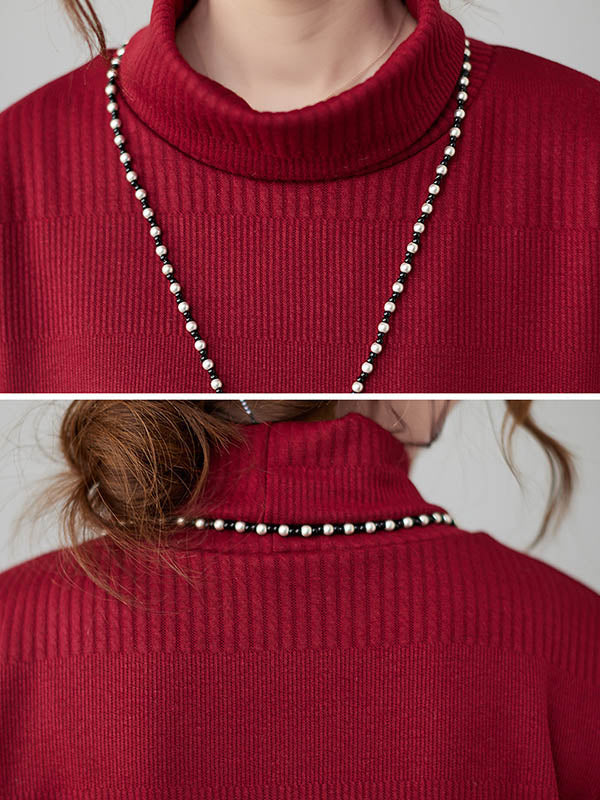 Casual Loose Solid Color Drawstring High-Neck Long Sleeves Sweater Dress