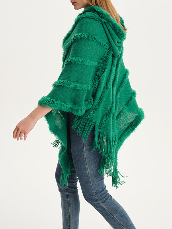 Hooded Keep Warm Solid Color Tasseled Shawl&Cloak Cape