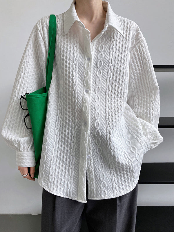 Simple Loose Long Sleeves Buttoned Solid Color Textured Lapel Collar Blouses&Shirts Tops