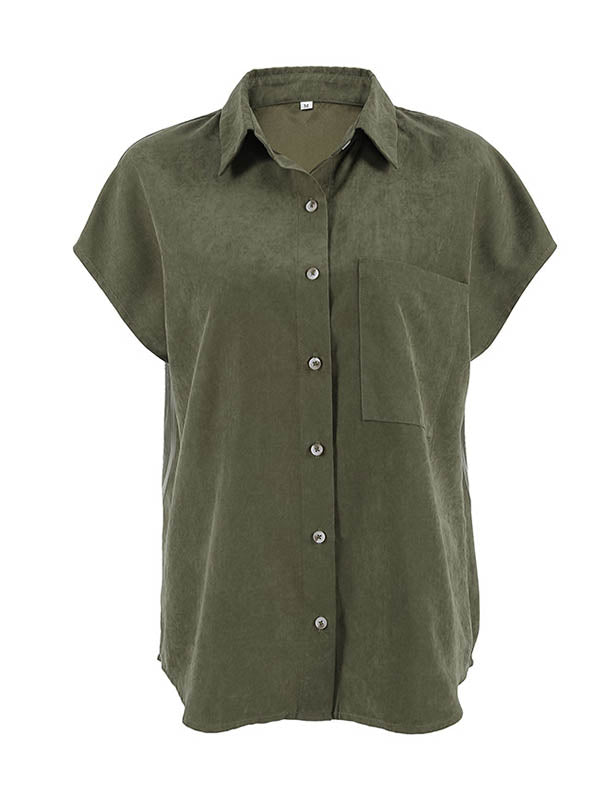 Buttoned Pockets Solid Color Loose Raglan Sleeve Lapel Blouses&Shirts Tops