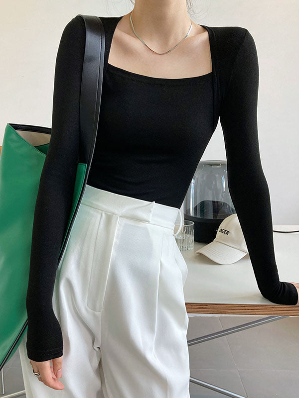 Solid Color Long Sleeves Skinny Square-neck T-Shirts Tops