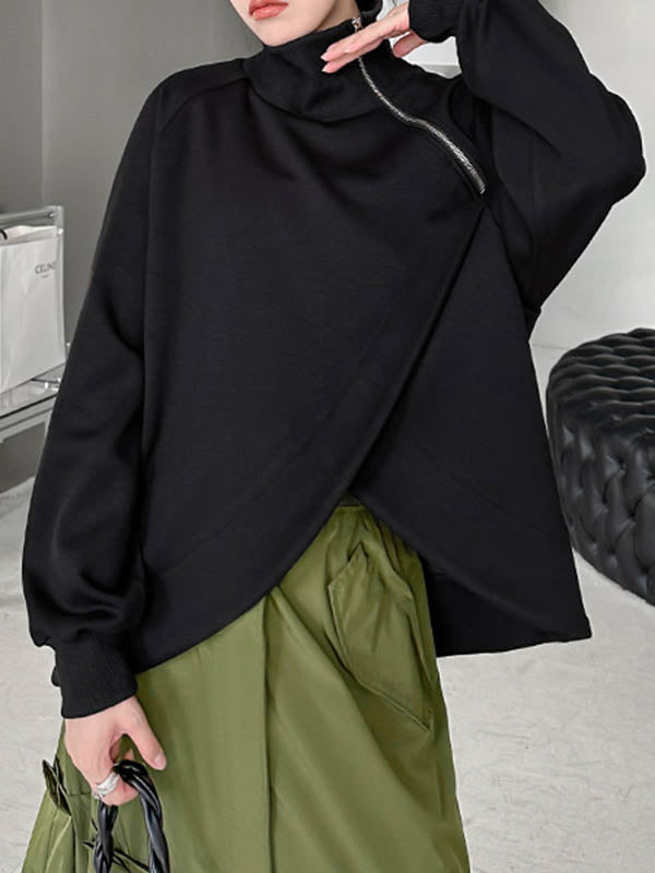 Asymmetric Split-Joint Zipper Long Sleeves Loose High Neck Sweatshirt Tops