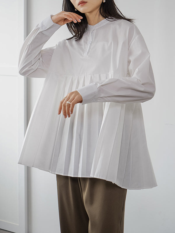 Buttoned Pleated Solid Color Long Sleeves Loose Round-Neck Blouses&Shirts Tops