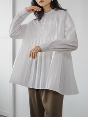 Buttoned Pleated Solid Color Long Sleeves Loose Round-Neck Blouses&Shirts Tops