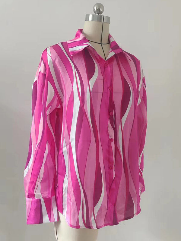 Contrast Color Striped Long Sleeves Loose Lapel Blouses