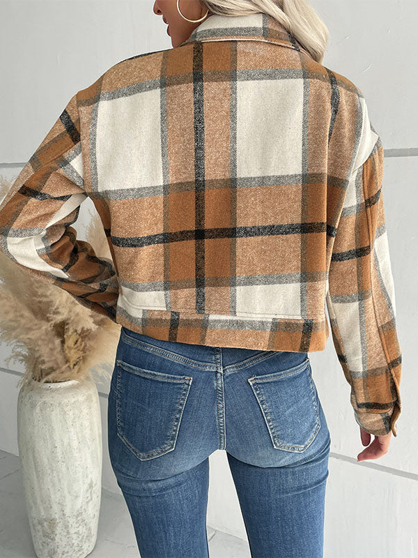 Buttoned Plaid Pockets Split-Joint Long Sleeves Loose Lapel Outerwear Jackets