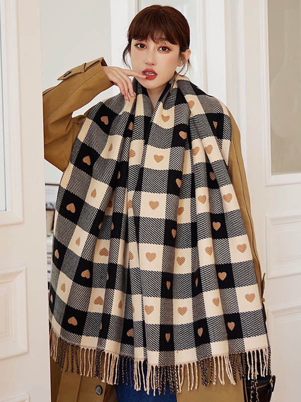 Casual Contrast Color Heart Plaid Jacquard Shawl&Scarf