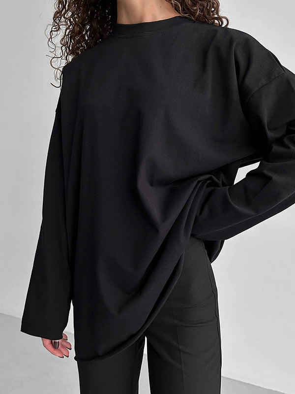 Solid Color Long Sleeves Loose Round-Neck T-Shirts Tops