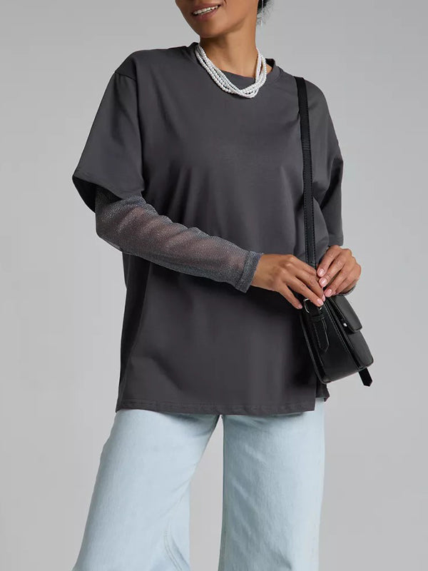 See-Through Split-Joint Sun Protection False Two Loose Round-Neck T-Shirts