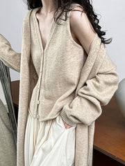 Buttoned Solid Color Long Sleeves Loose V-Neck Knit Vest + Cardigan Two Pieces Set