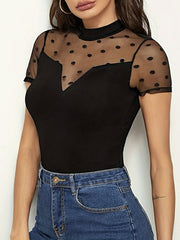 Mesh Polka-Dot See-Through Split-Joint Loose Short Sleeves Round-Neck T-Shirts Tops