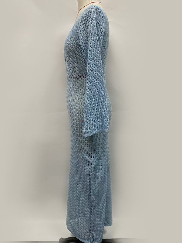 Hollow See-Through Smocked Solid Color Sun protection Loose Deep V-Neck Maxi Dresses Beach Cover-Up