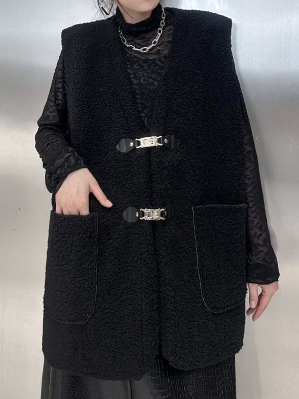 Buckle Pockets Velvet Loose Sleeveless V-neck Vest Outerwear