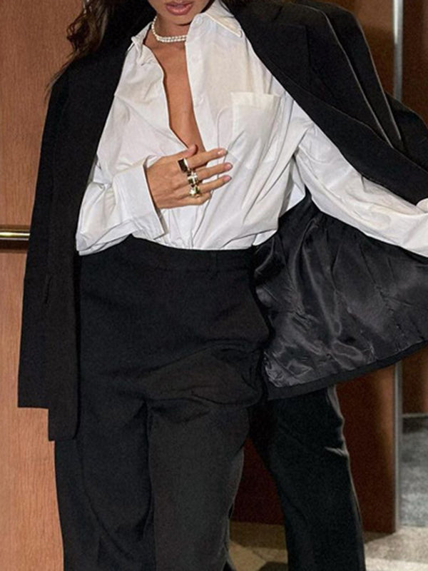 Buttoned Fringed Hollow Pockets Solid Color Split-Joint Long Sleeves Loose Lapel Blouses&Shirts Tops
