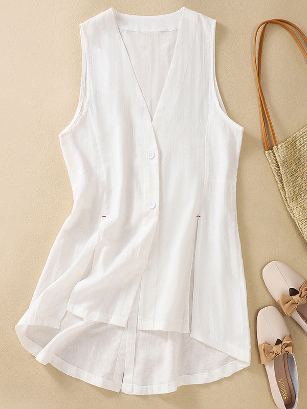 Artistic Retro Loose Ramie Cotton Buttoned Vest Outwear