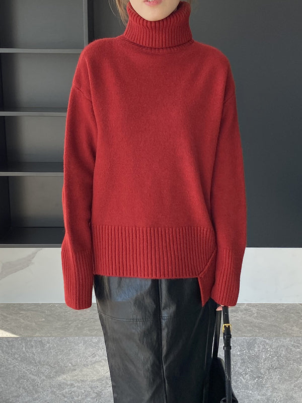 Simple High-Low Loose Solid Color High-Neck Sweater Tops