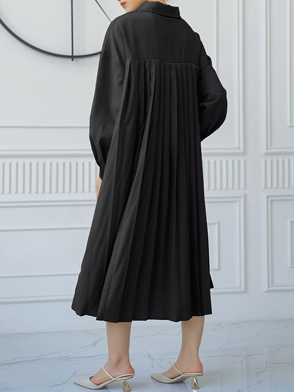 Buttoned Split-side Loose Three-quarter Sleeves Lapel Shirt Dress Midi Dresses