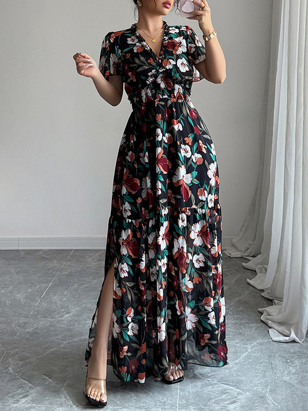 Contrast Color Elasticity Flower Print Pleated A-Line Loose V-Neck Maxi Dresses