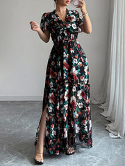 Contrast Color Elasticity Flower Print Pleated A-Line Loose V-Neck Maxi Dresses