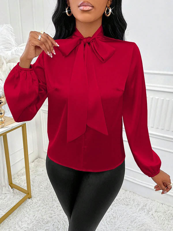 Bow-Embellished Pleated Solid Color Split-Joint Long Sleeves Loose Scarf Collar Blouses&Shirts Tops