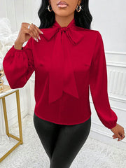 Bow-Embellished Pleated Solid Color Split-Joint Long Sleeves Loose Scarf Collar Blouses&Shirts Tops