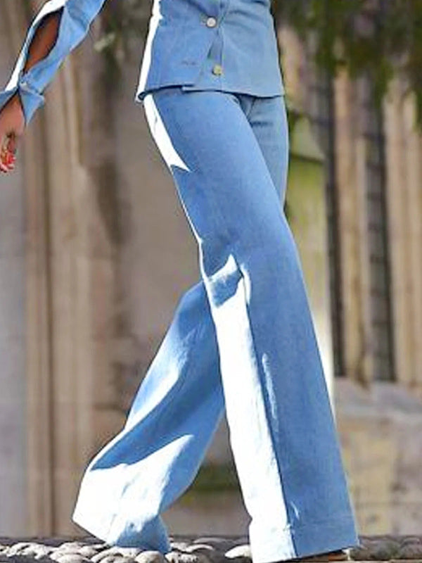 Hollow Lapel Denim Long Sleeves Asymmetric Buttoned Shirts Top + Pants Bottom Two Pieces Set