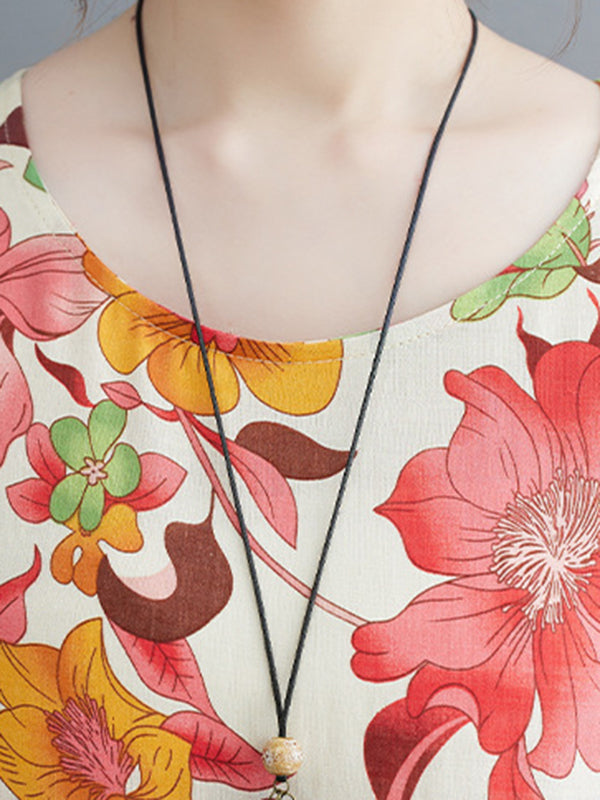 Pleated Printed Split-Joint Loose Short Sleeves Round-Neck Midi Dresses