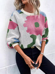 Asymmetric Knitted Flower Split-Joint Loose Puff Sleeves Round-Neck Sweater Tops