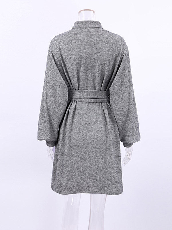 Pleated Solid Color Split-Joint Tied Waist Loose Puff Sleeves High Neck Mini Dresses